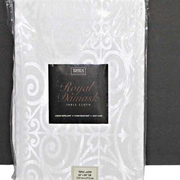 Trends Collection Royal Damask Tablecloth Oblong White Shimmer 60 in X 84 in - Picture 1 of 11